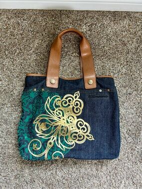 Bath & Body Works Denim Tote with Green & Gold Floral Design and Brown Handles